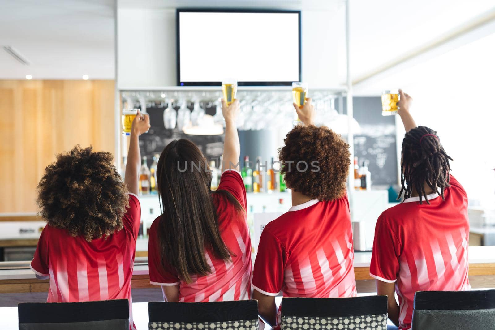 Diverse group of male and female sports fans raising glasses and watching game at bar. sports fan friends socialising and drinking at bar.