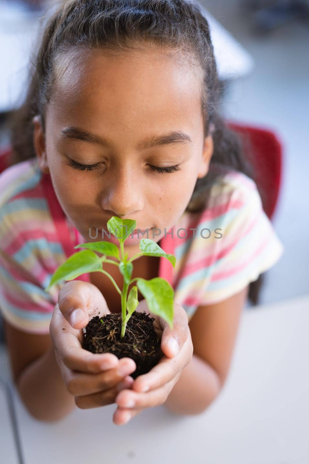 Close up of african american girl with eyes closed holding a plant seedling in the class at school. school and education concept