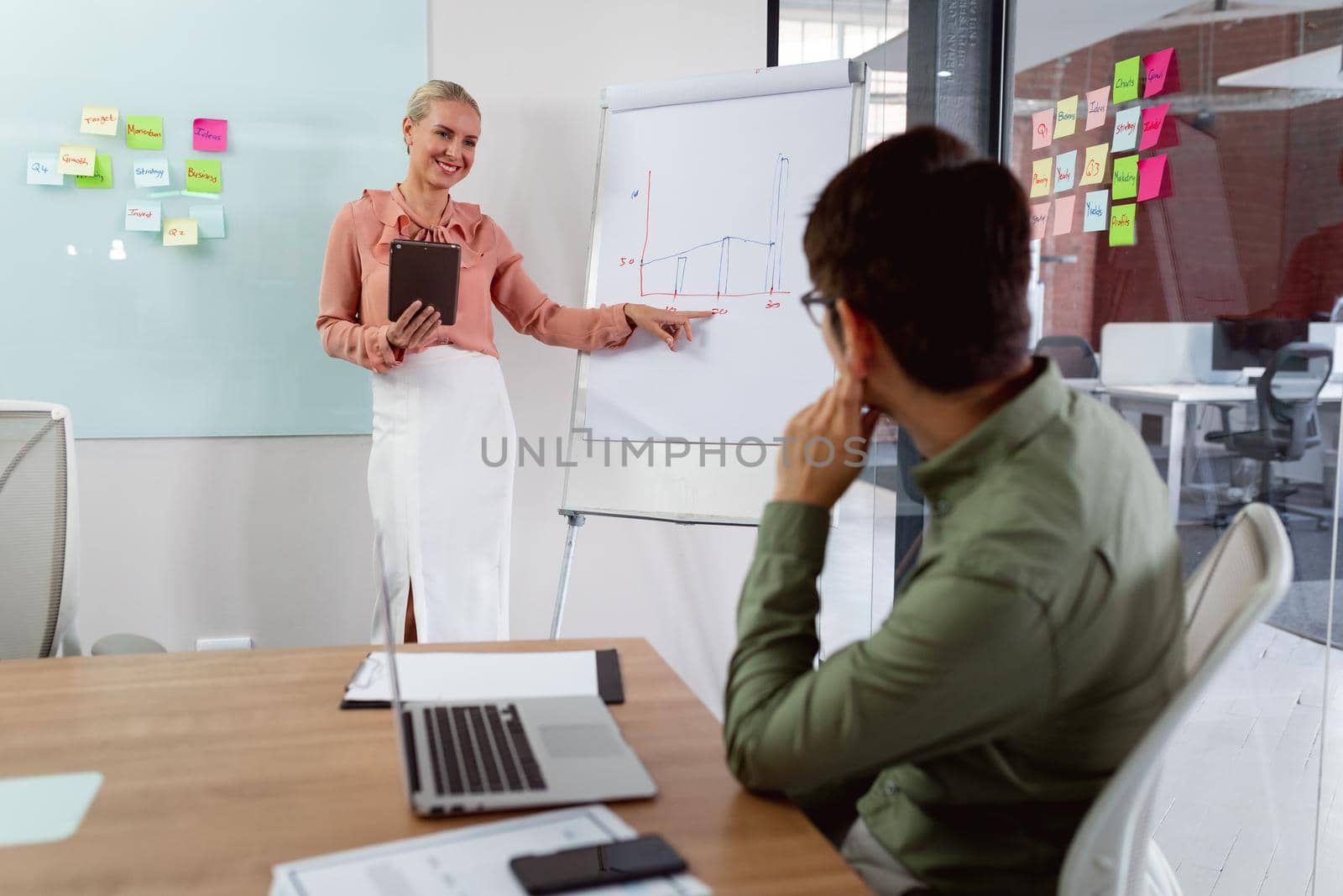 Diverse male and female colleague having meeting, woman talking and man sitting at table with laptop. working in business at a modern office.