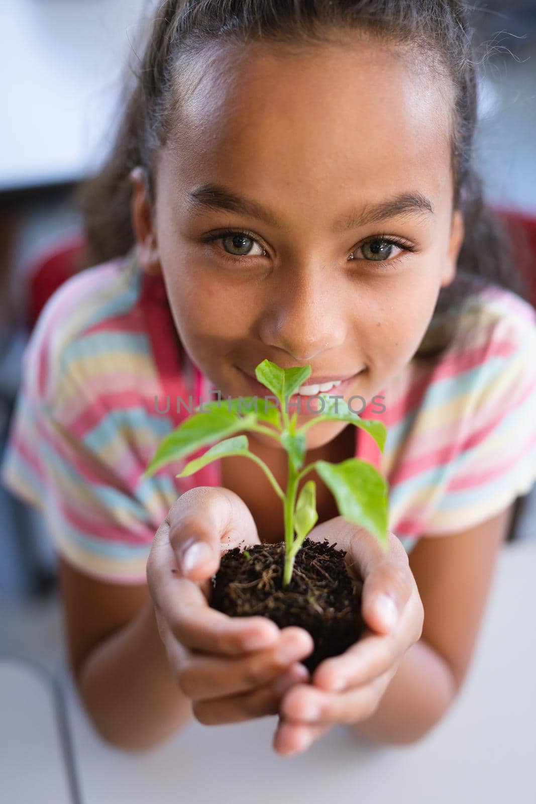 Portrait of african american girl holding a plant seedling in the class at school by Wavebreakmedia