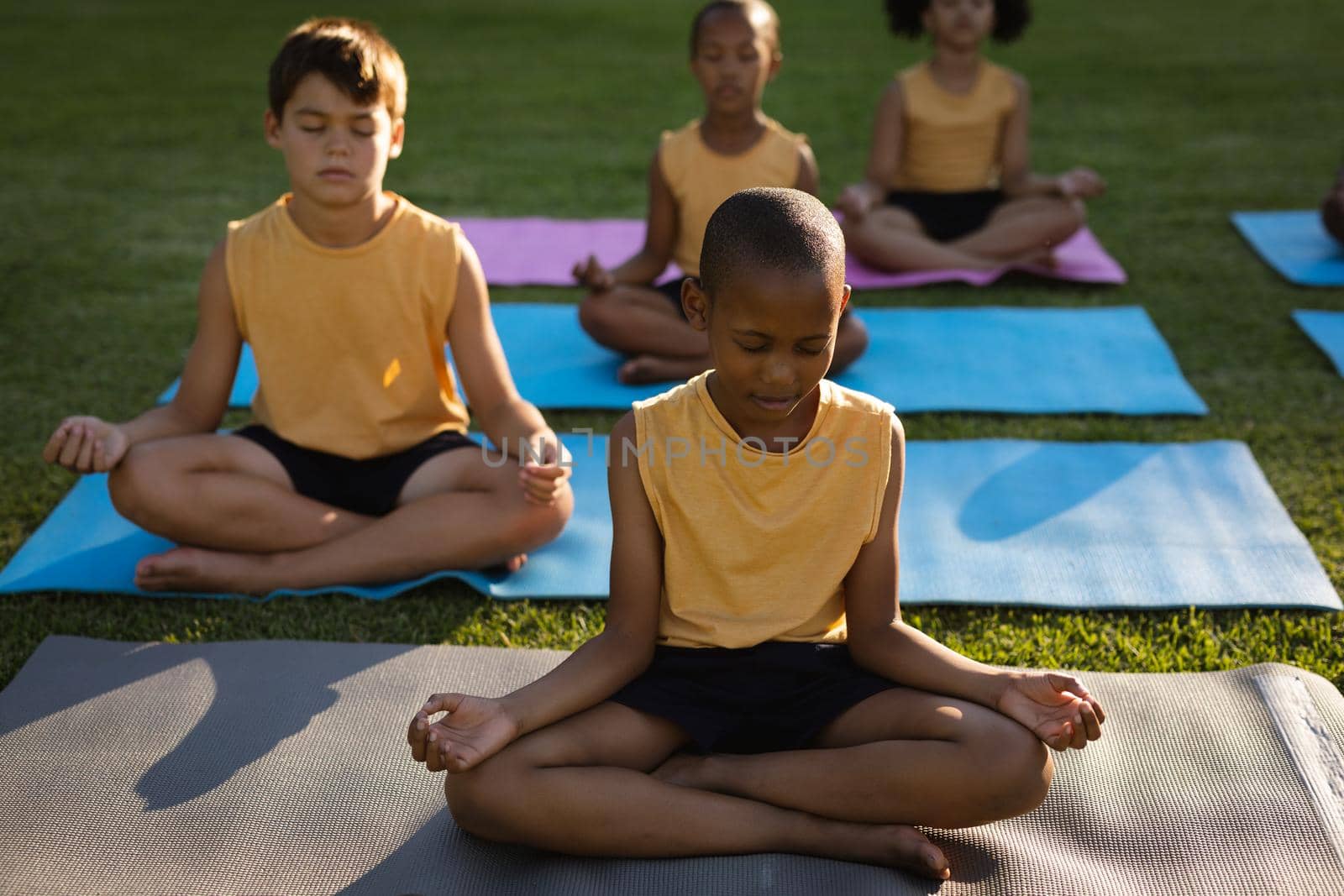 Group of diverse students practicing yoga and meditating sitting on yoga mats in garden at school by Wavebreakmedia