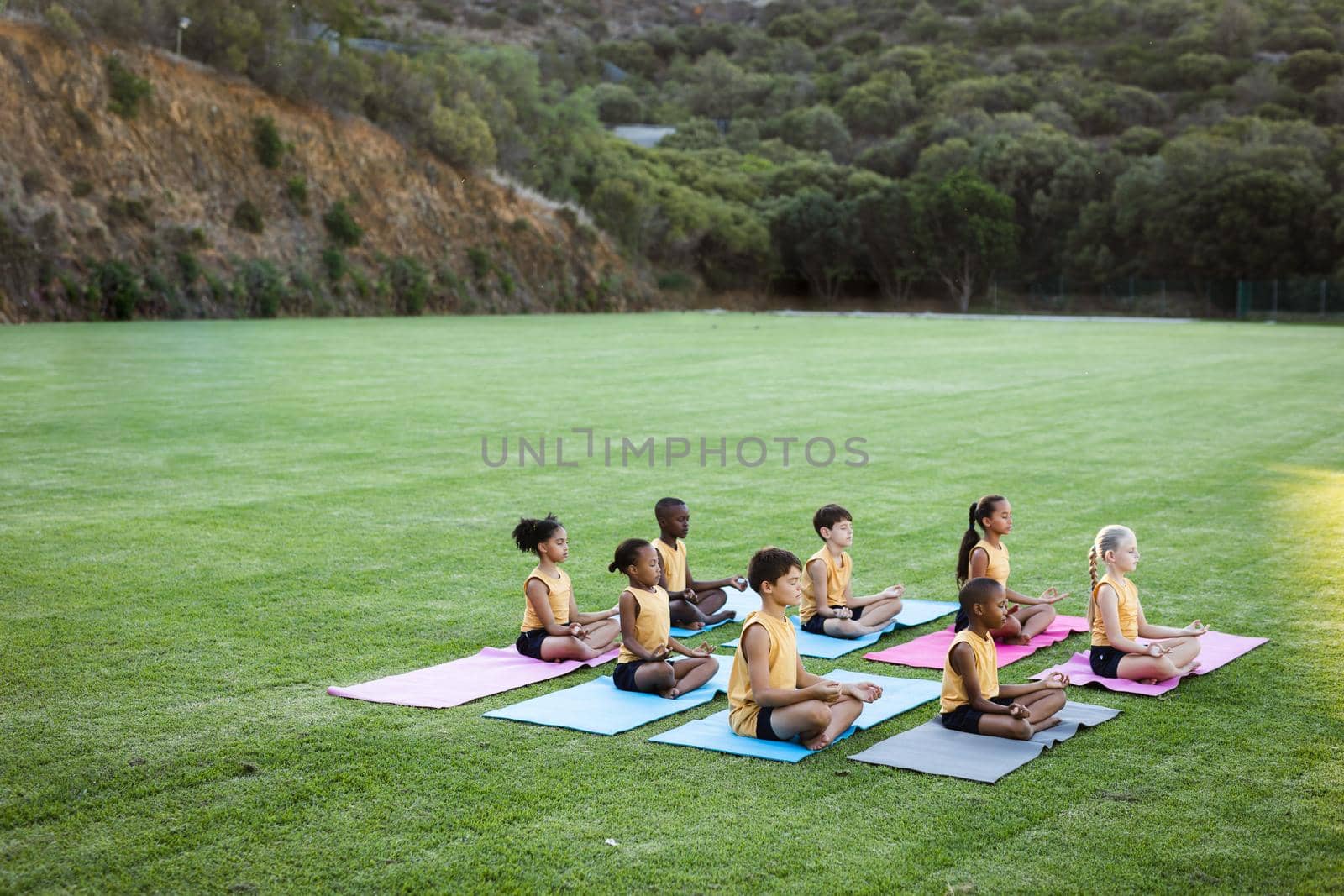 Group of diverse students practicing yoga and meditating sitting on yoga mat in the garden at school by Wavebreakmedia