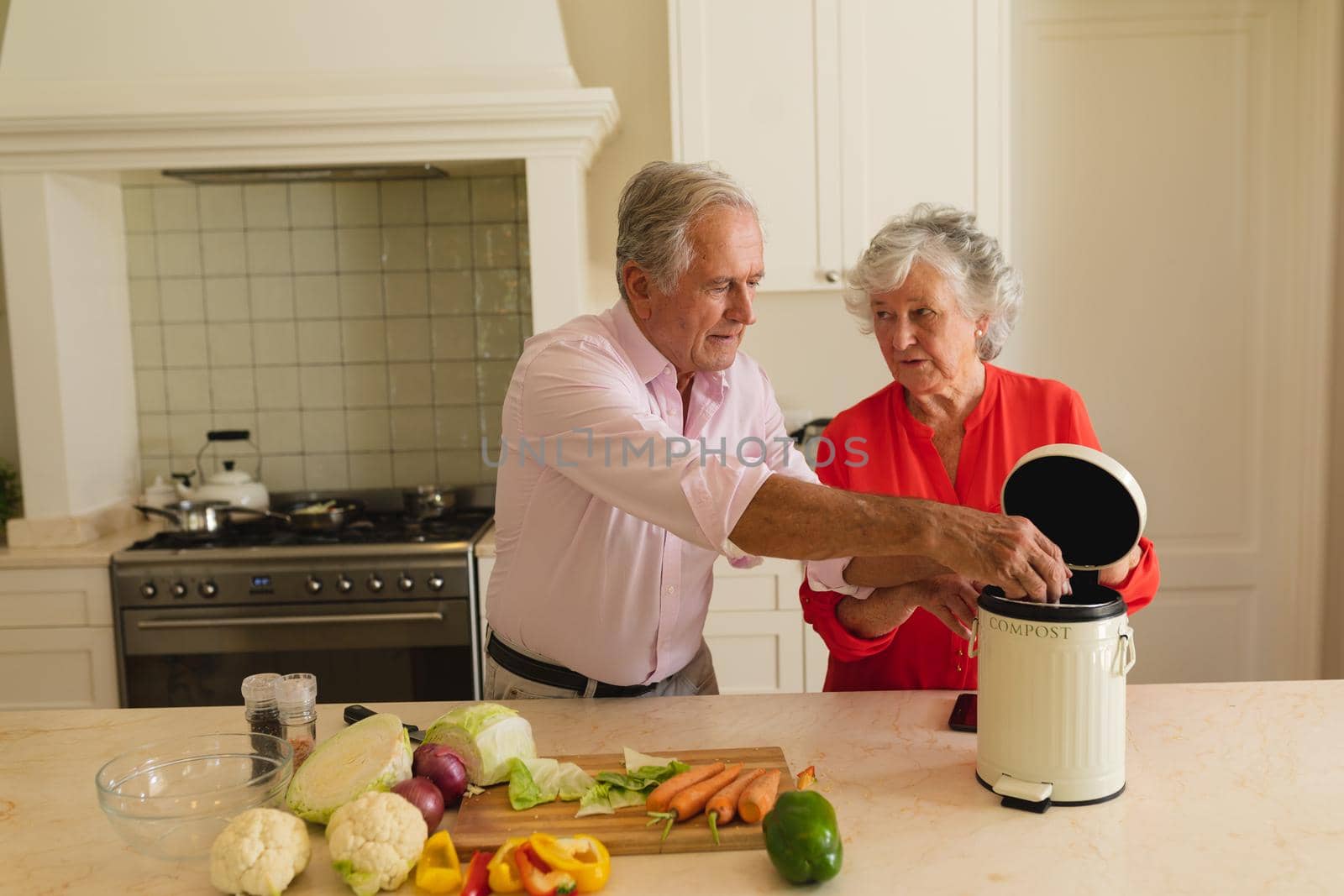 Senior caucasian couple cooking together and talking in kitchen by Wavebreakmedia
