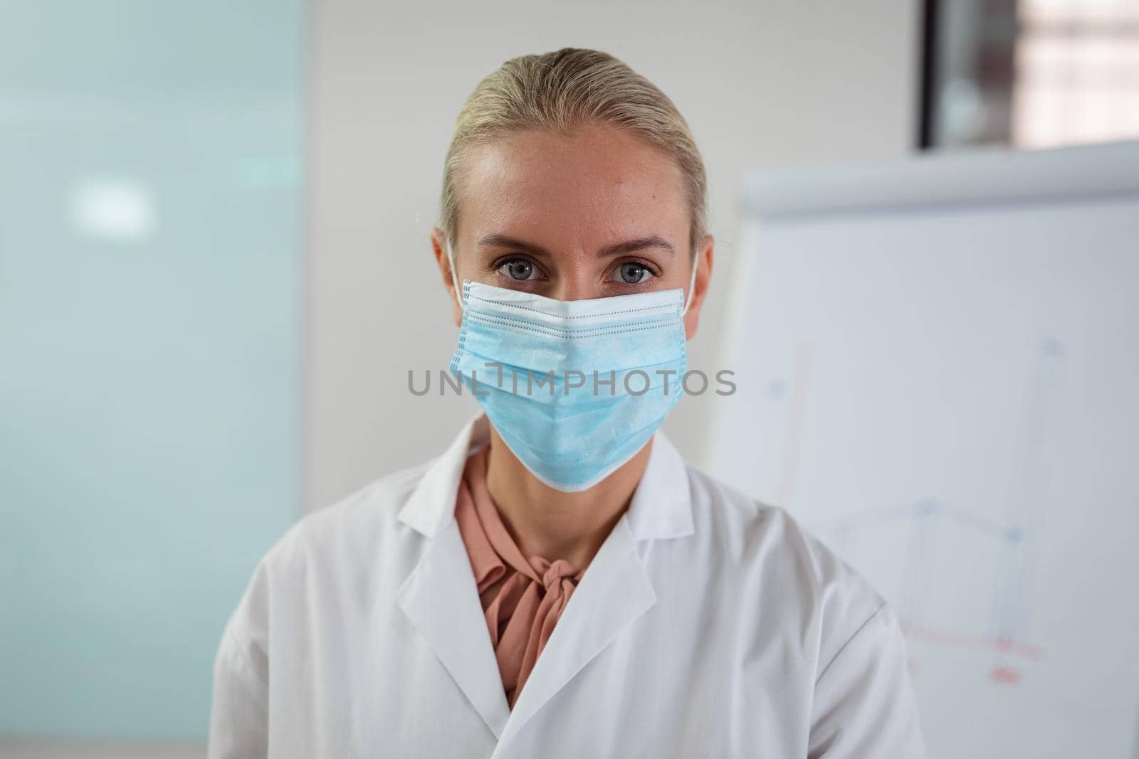 Portrait of caucasian female doctor wearing face mask sitting in hospital office looking to camera. medical and healthcare services during coronavirus covid 19 pandemic.