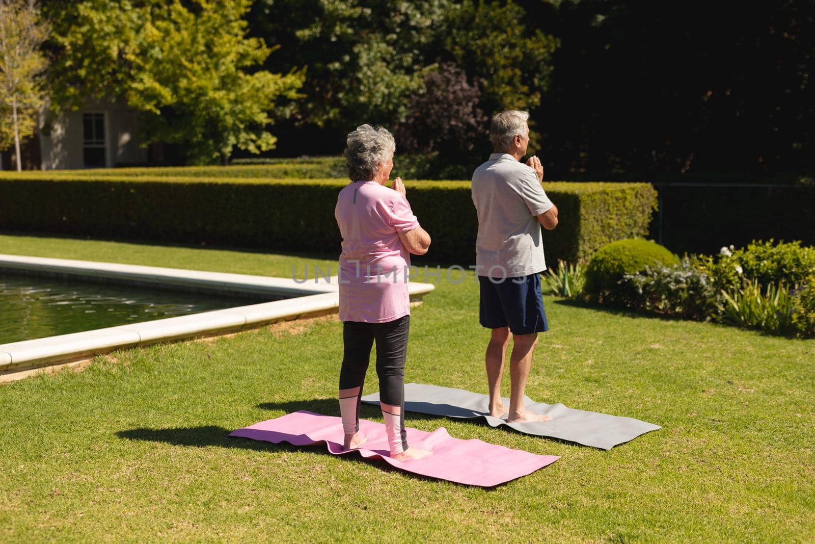 Senior caucasian couple practicing yoga, meditating in sunny garden by Wavebreakmedia