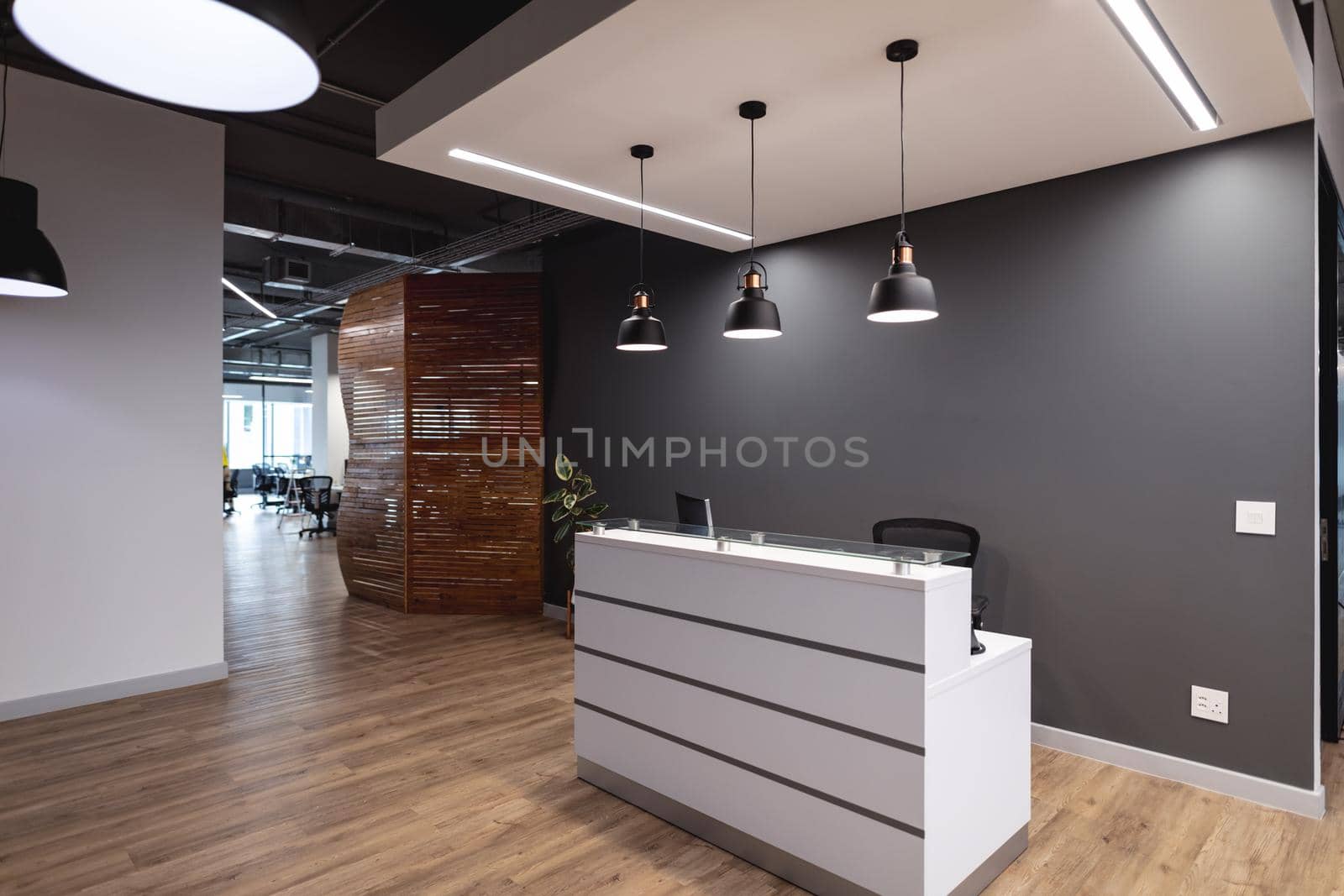 Interior of empty lobby with reception counter in modern office. modern office of a creative design business.