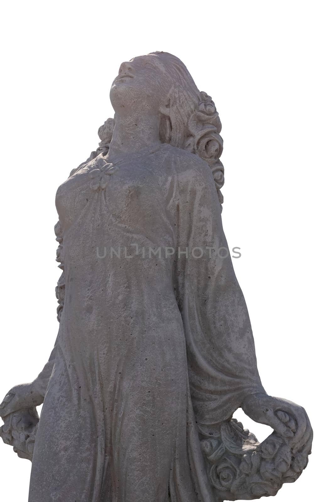 Stone sculpture of woman looking up on white background. art and classical style romantic figurative stone sculpture.