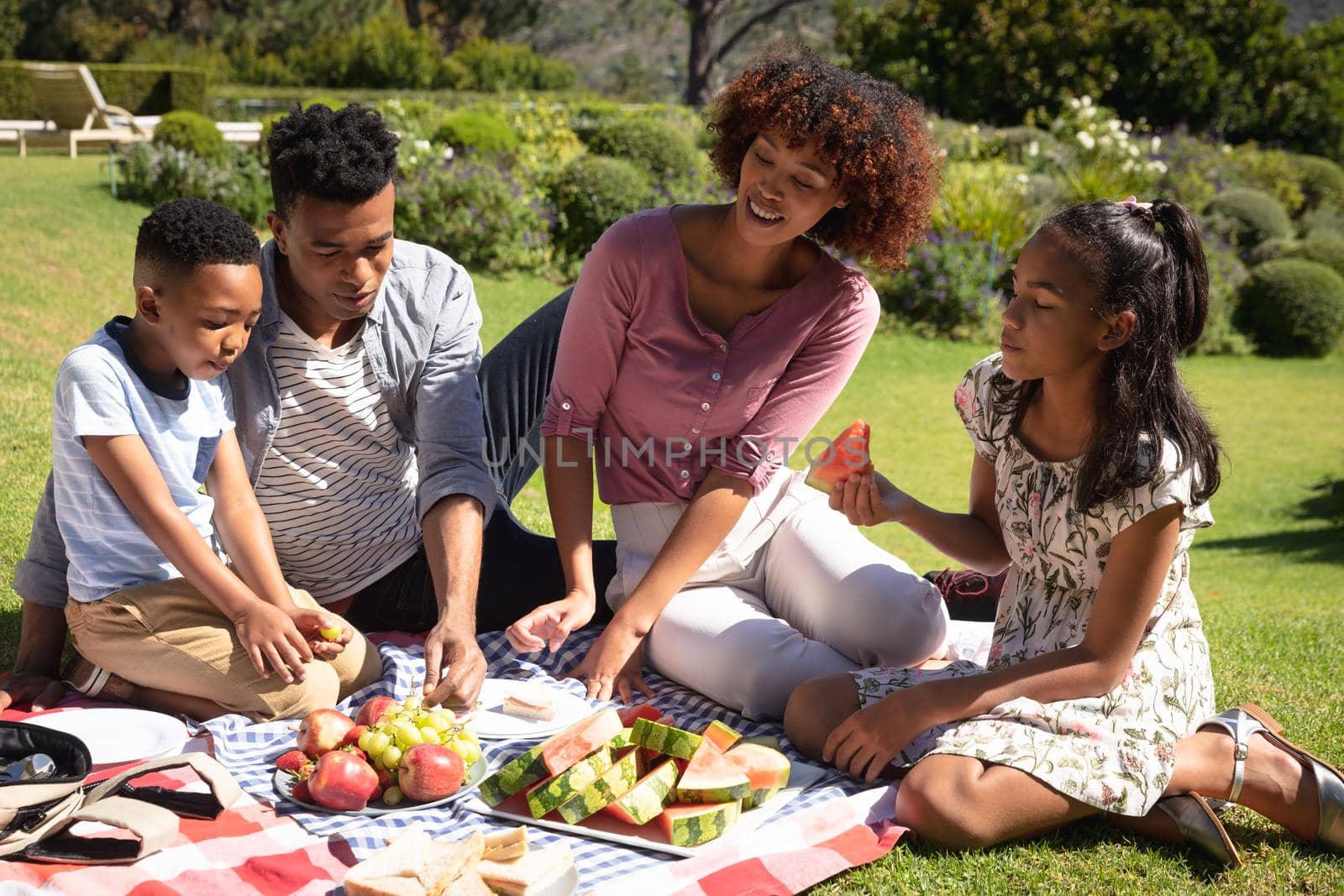 Happy african american couple with son and daughter outdoors, having picnic in sunny garden. family enjoying quality free time together.