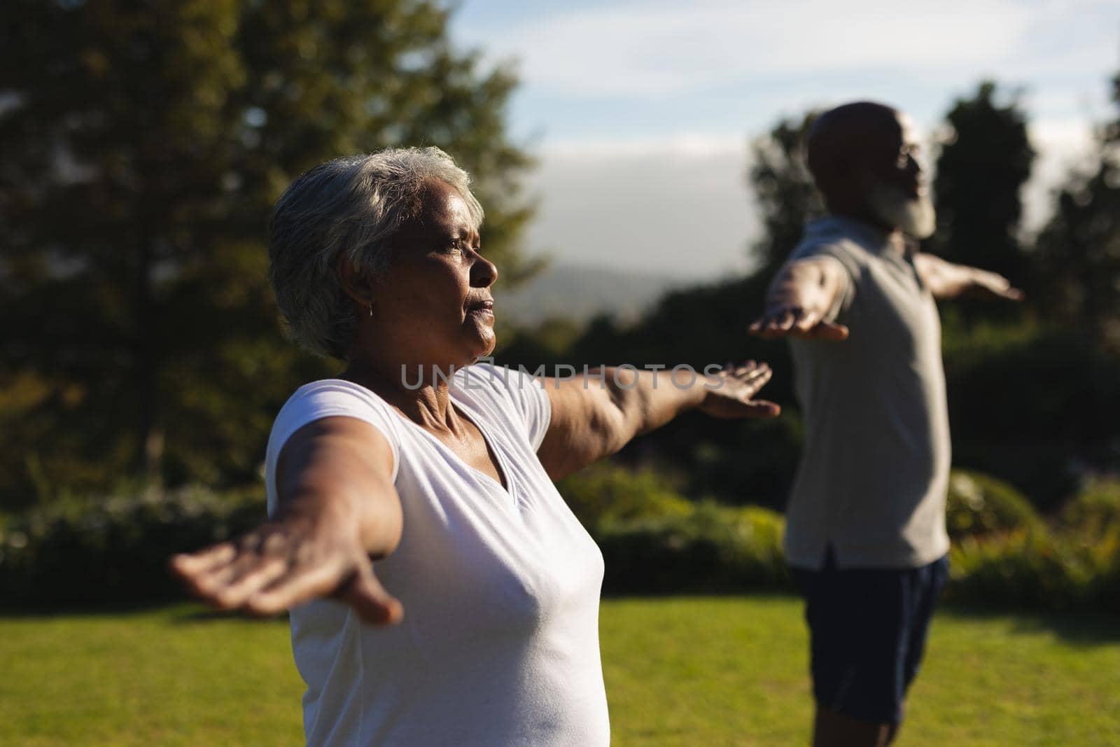 Senior african american couple practicing yoga in stunning countryside by Wavebreakmedia