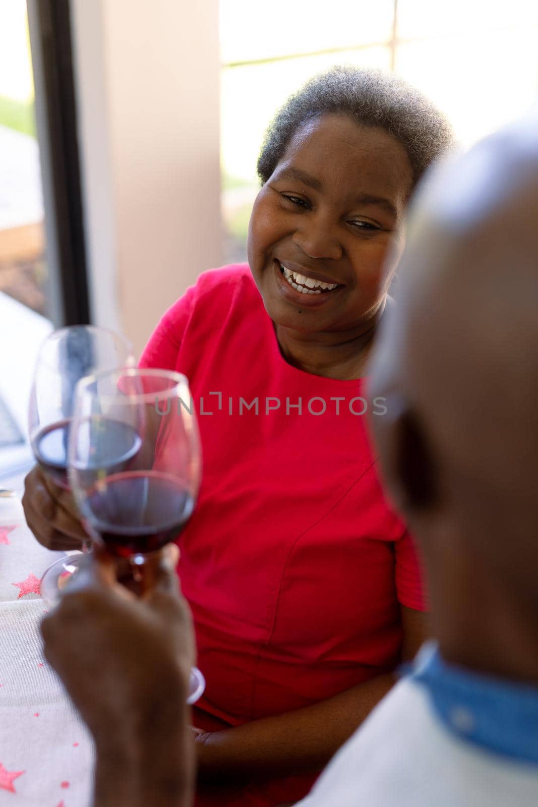 Happy african american senior couple making toast with wine at christmas time by Wavebreakmedia