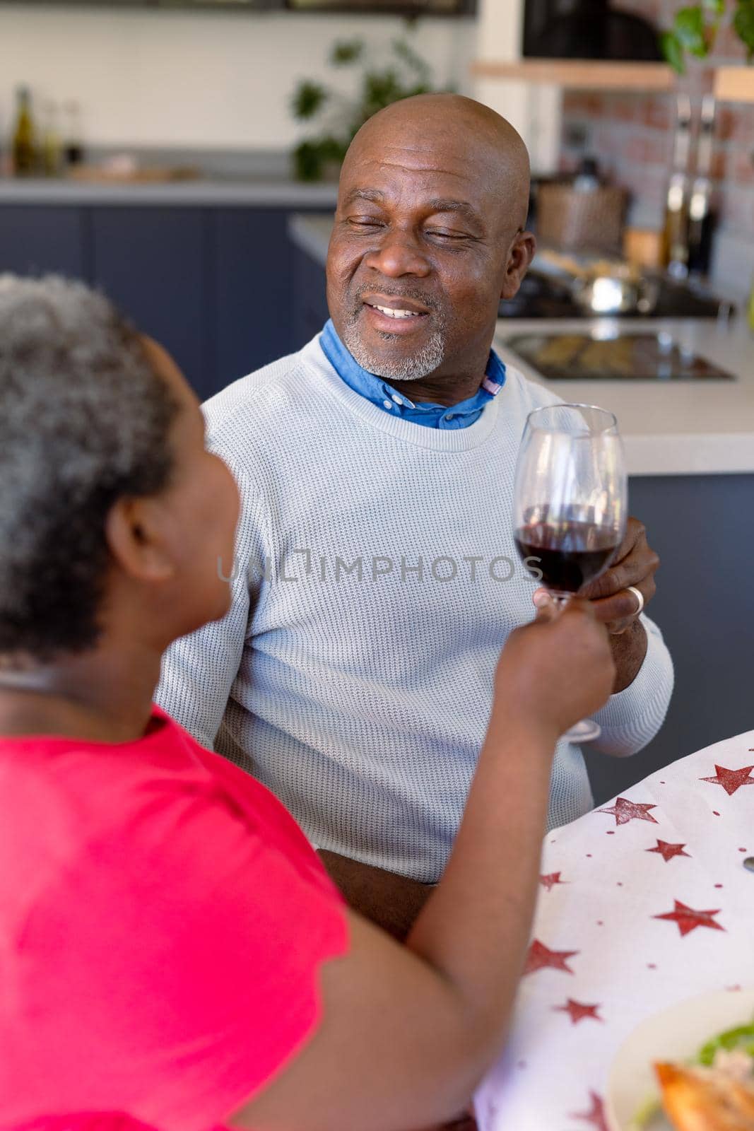 Happy african american senior couple making toast with wine, having christmas meal at home. retirement lifestyle and christmas festivities, celebrating at home.