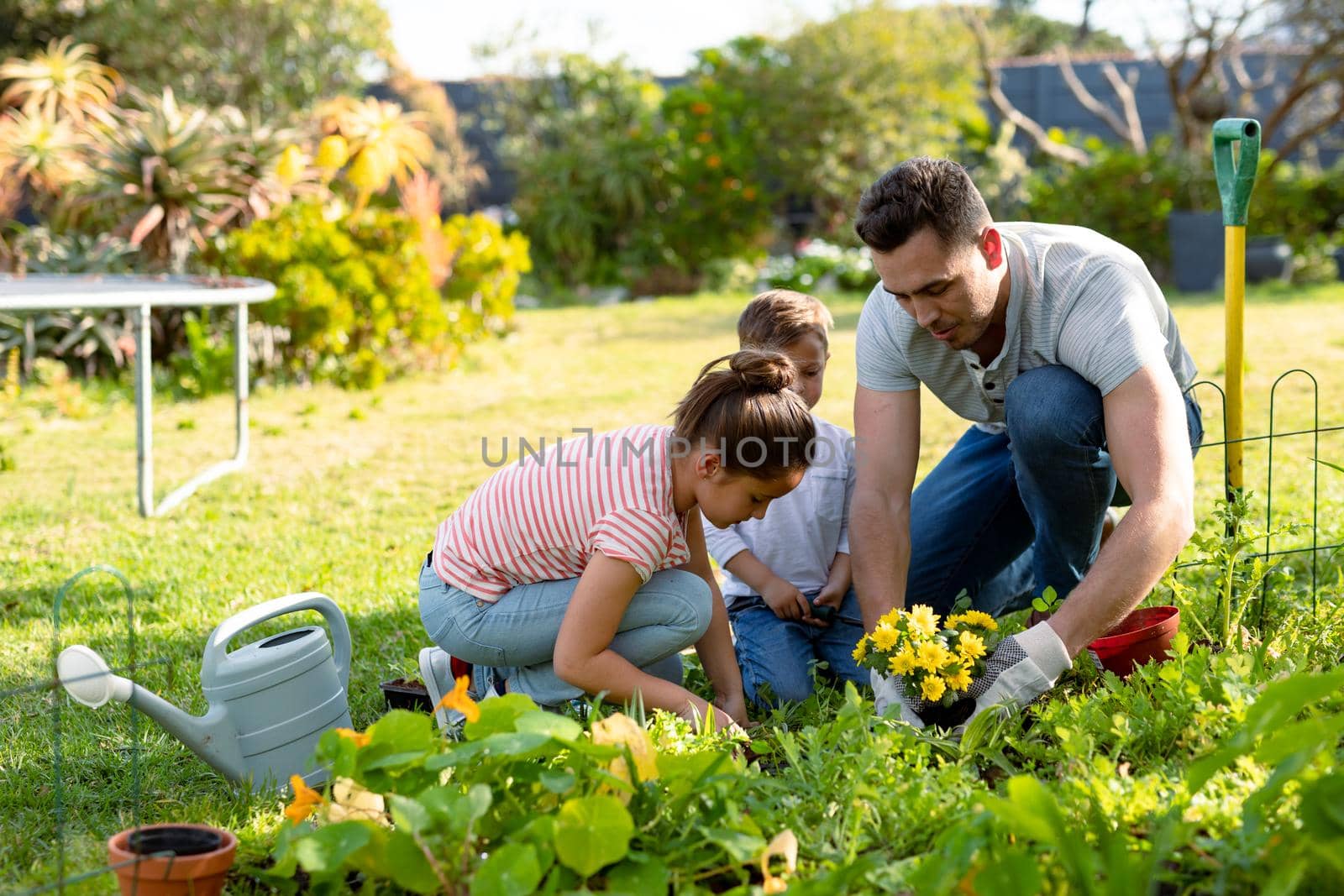 Happy caucasian father, daughter and son gardening together. family time, having fun together at home and garden.