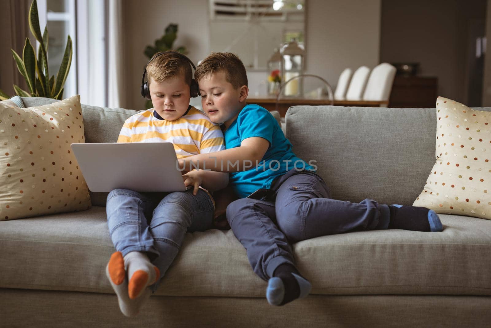 Two caucasian boys using laptop sitting on the couch at home. childhood, technology and home concept