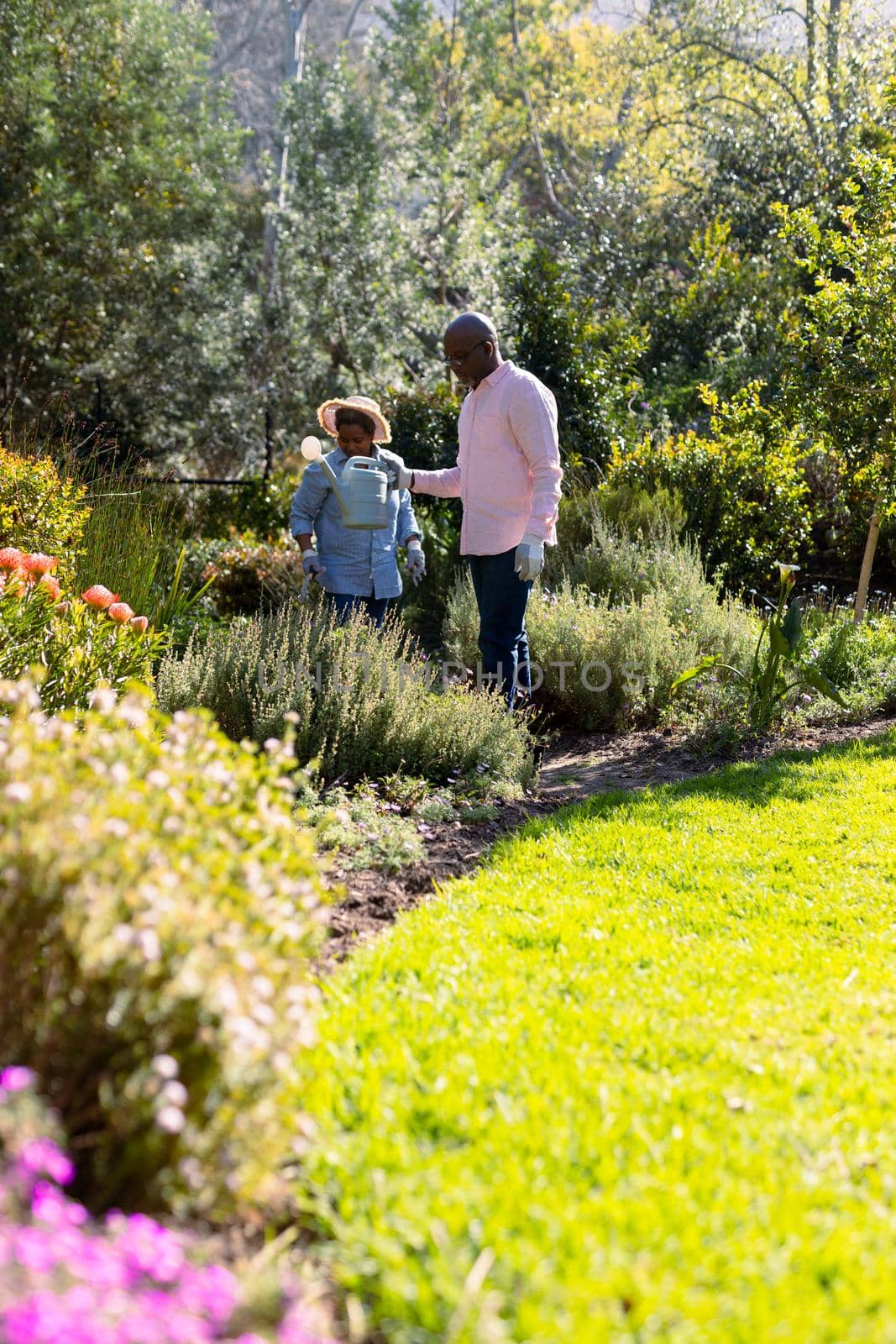 African american senior couple wearing hats, gardening, watering plants outdoors. retirement lifestyle, spending time at home and garden.