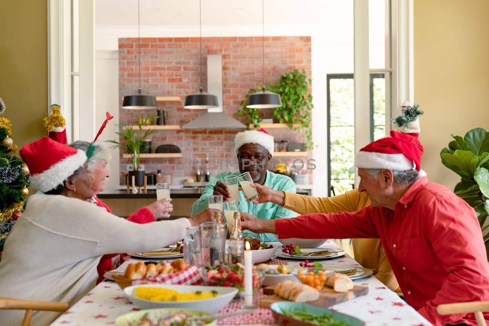 Diverse group of happy senior friends celebrating christmas together, toasting with juice by Wavebreakmedia