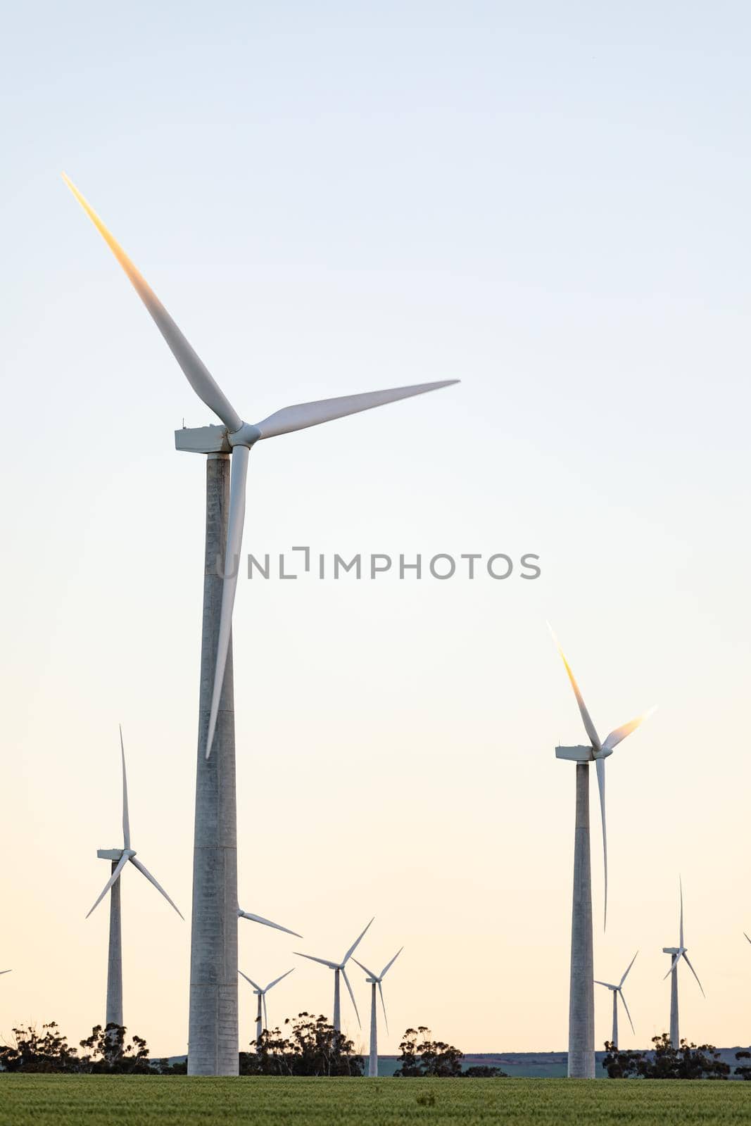 General view of wind turbines in countryside landscape with cloudless sky. environment, sustainability, ecology, renewable energy, global warming and climate change awareness.