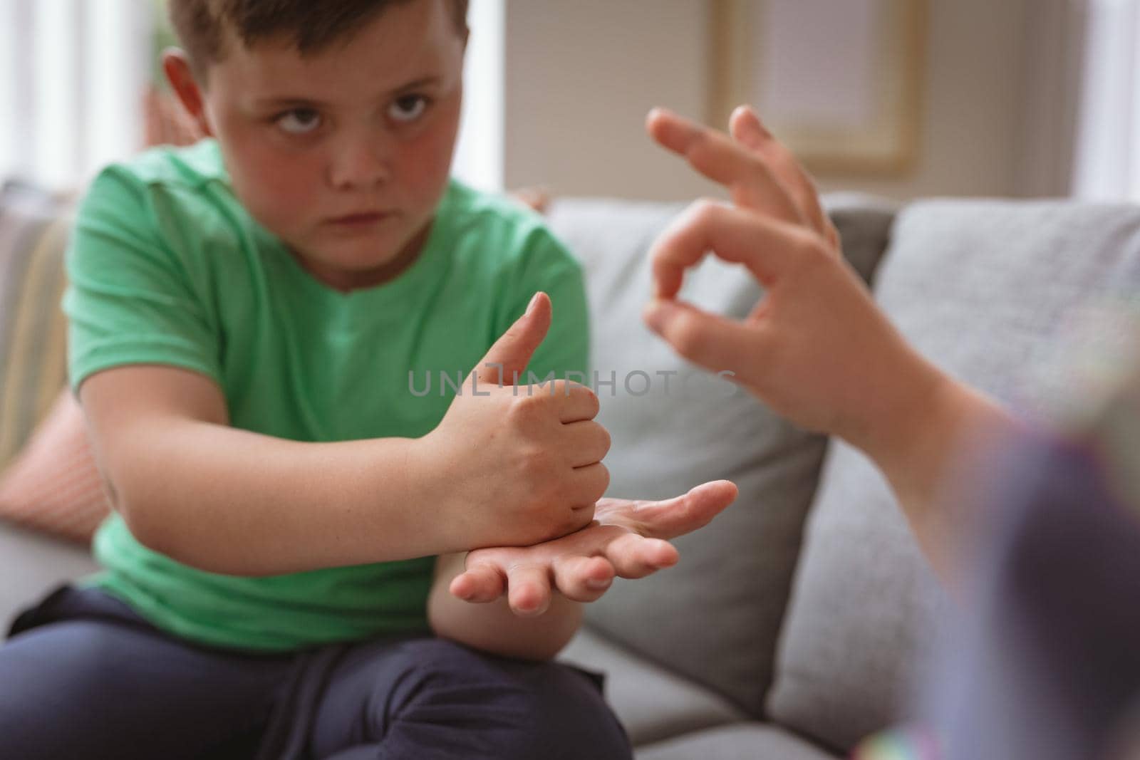 Two caucasian boys communicating using sign language while sitting on the couch at home by Wavebreakmedia