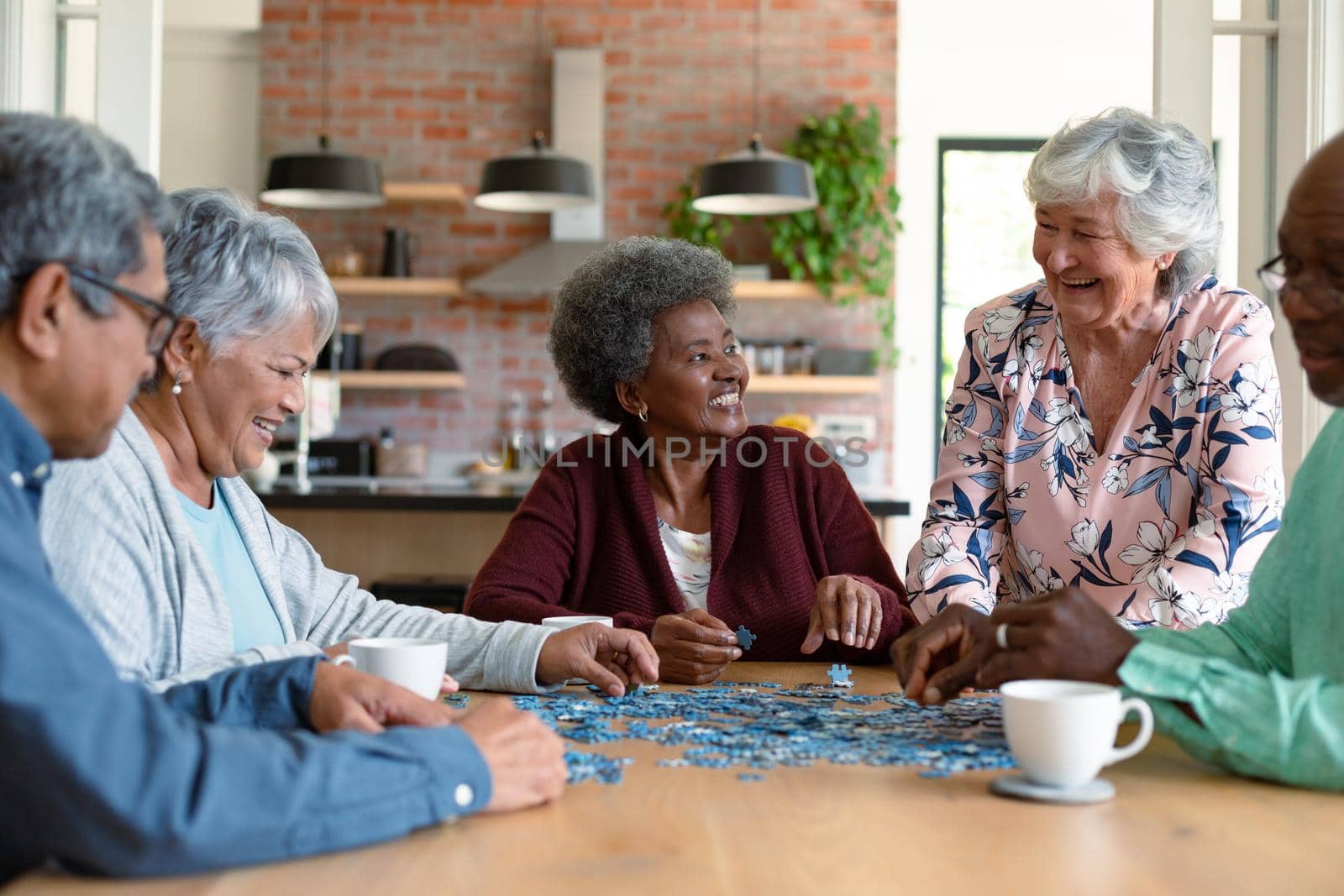 Group of diverse senior male and female friends doing puzzles at home by Wavebreakmedia