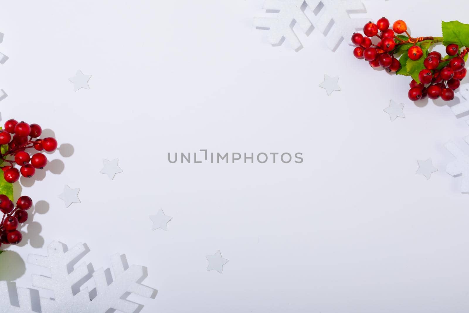 Composition of tree branches with berries and copy space on white background. christmas, tradition and celebration concept.