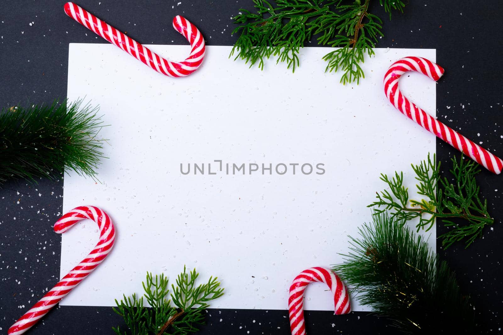 Composition of card with copy space framed with tree branches and candy canes on black background. christmas, tradition and celebration concept.