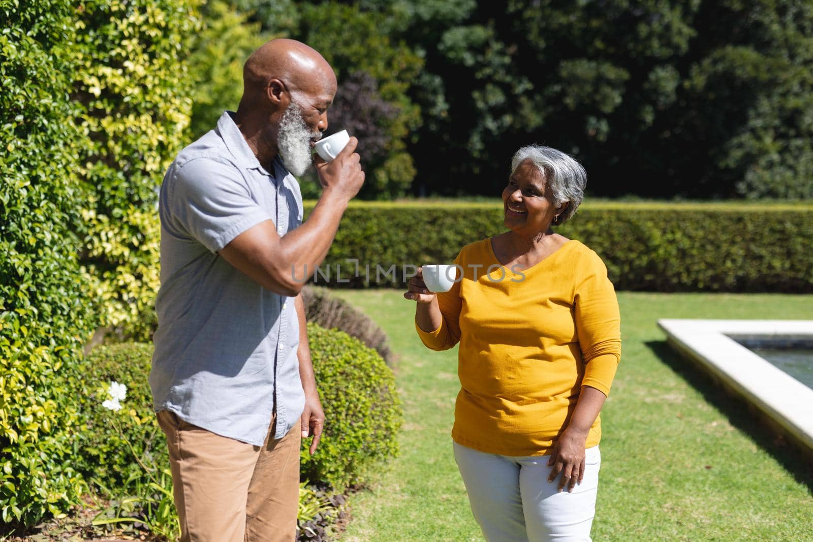 Senior african american couple spending time in sunny garden together drinking coffee by Wavebreakmedia