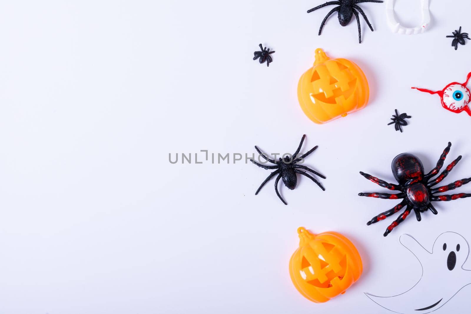 Composition of halloween decorations with spiders and pumpkin with copy space on white background. halloween tradition and celebration concept.