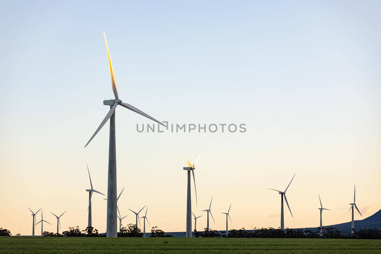 General view of wind turbines in countryside landscape with cloudless sky. environment, sustainability, ecology, renewable energy, global warming and climate change awareness.