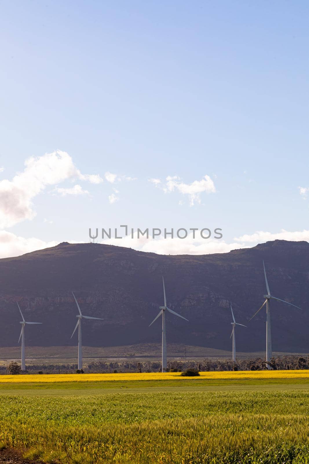 General view of wind turbines in countryside landscape with cloudy sky by Wavebreakmedia