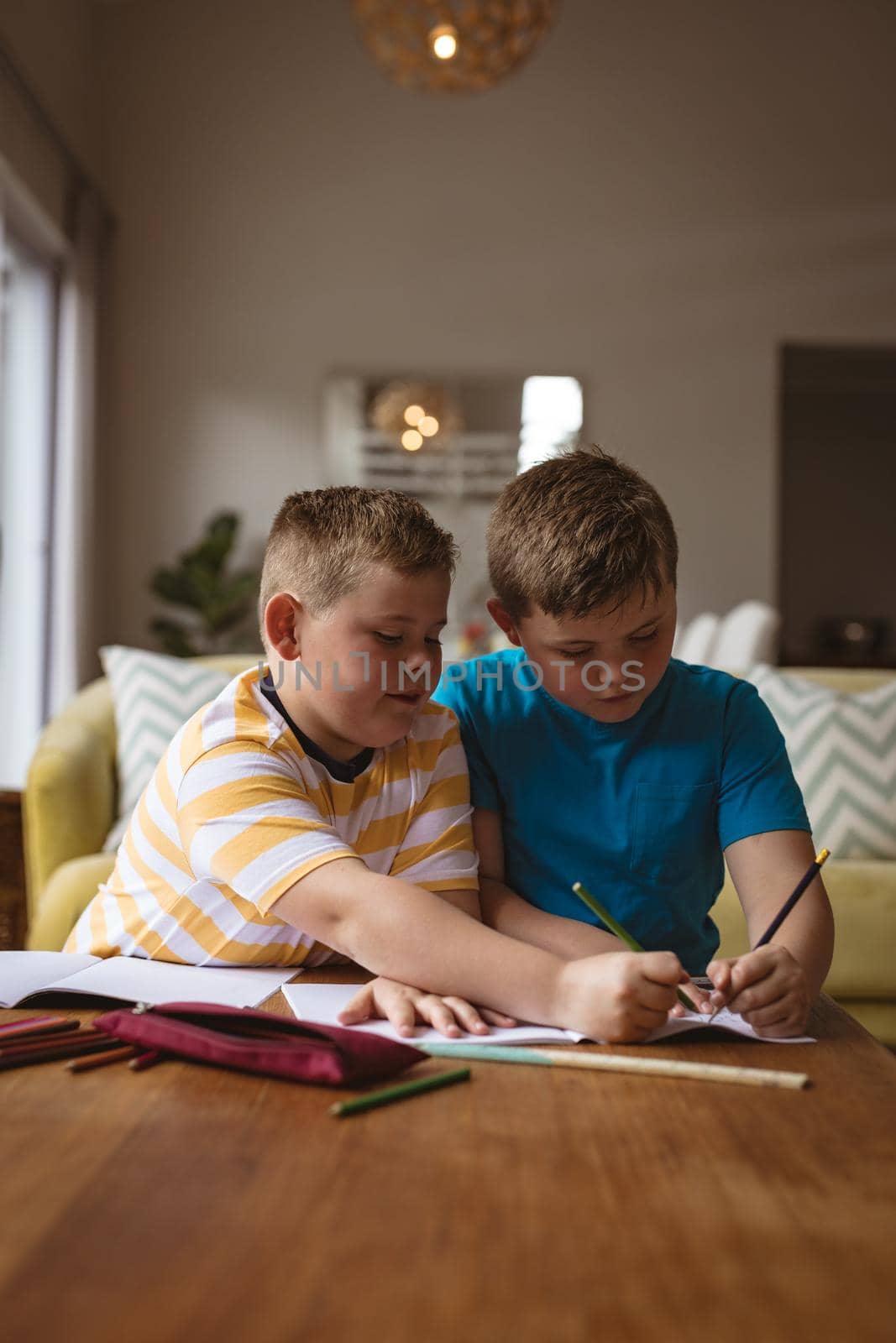 Two caucasian boys drawing together in a book sitting in the living room at home by Wavebreakmedia
