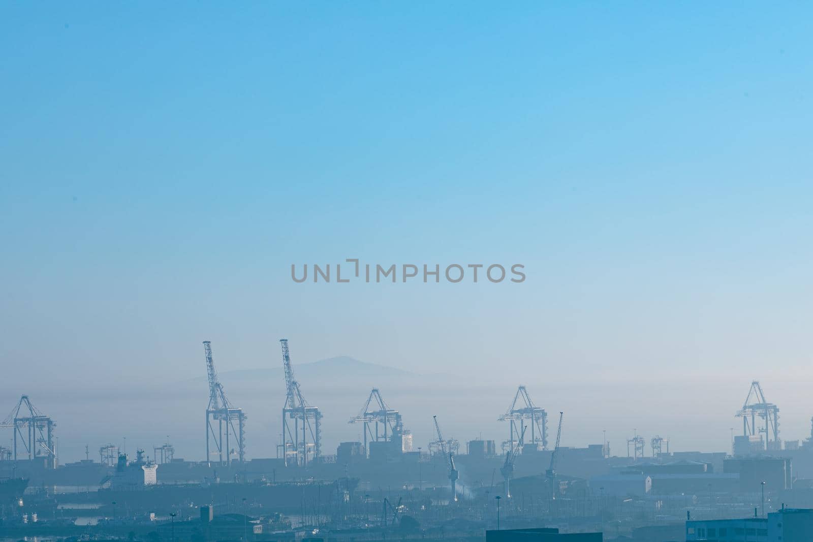 General view of cityscape with multiple modern buildings and cranes in the morning. skyline and urban architecture.
