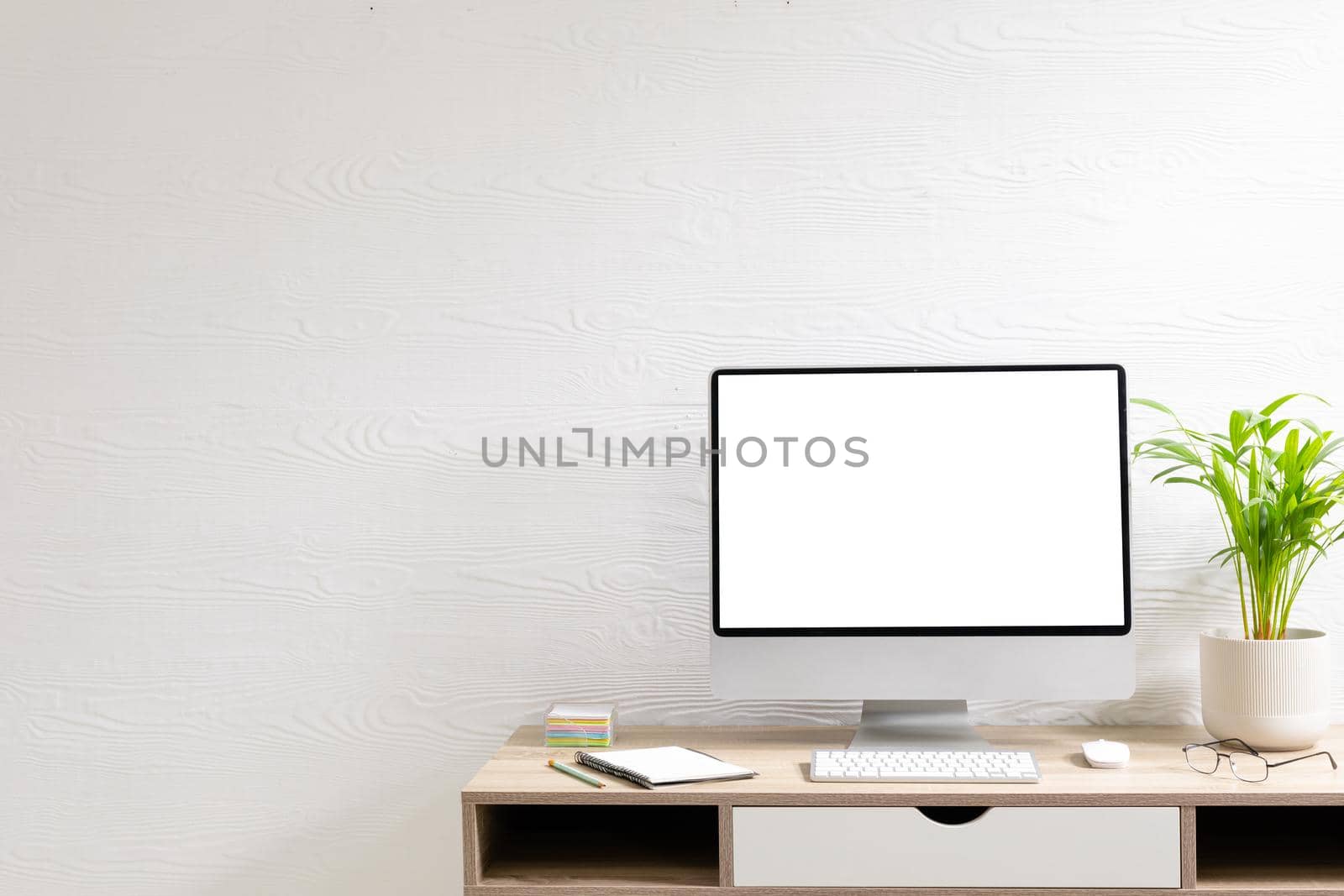 Composition of desktop computer with copy space on white background. modern office communication and technology concept.