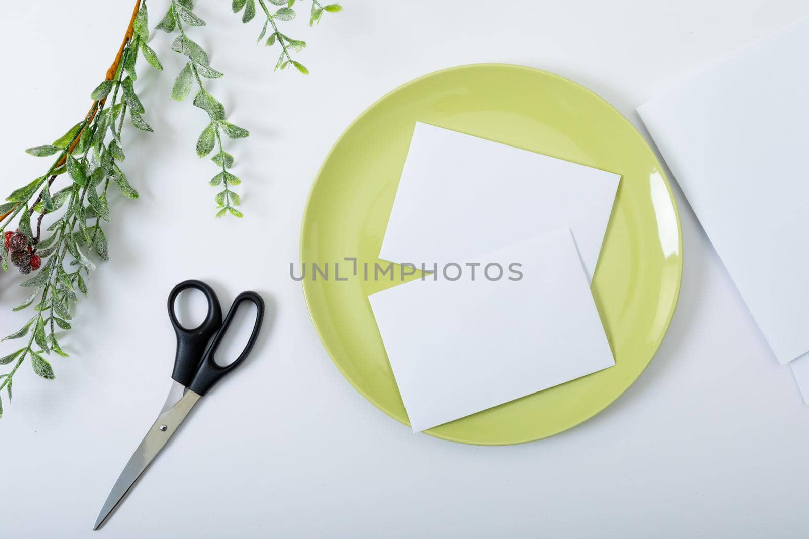 Composition of cards with copy space on green plate, scissors and branches on white background. christmas, communication, tradition and celebration concept.