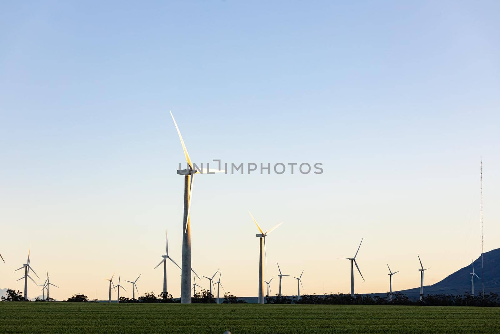 General view of wind turbines in countryside landscape with cloudless sky. environment, sustainability, ecology, renewable energy, global warming and climate change awareness.