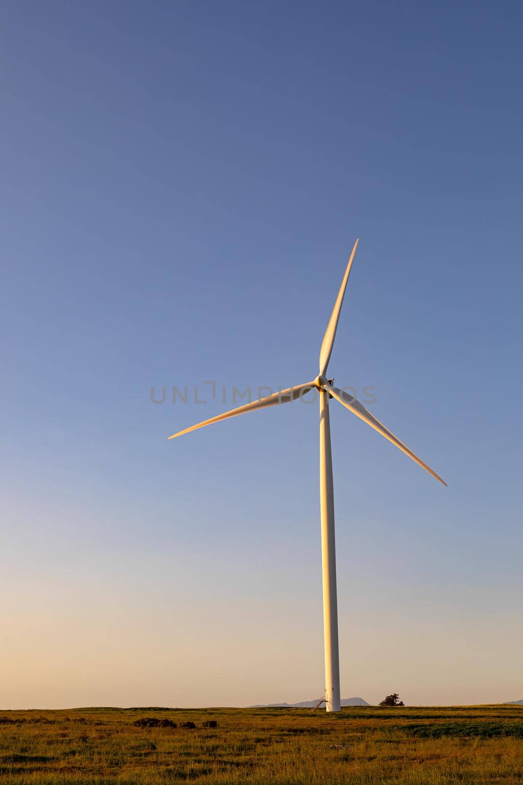 General view of wind turbine in countryside landscape with cloudless sky. environment, sustainability, ecology, renewable energy, global warming and climate change awareness.