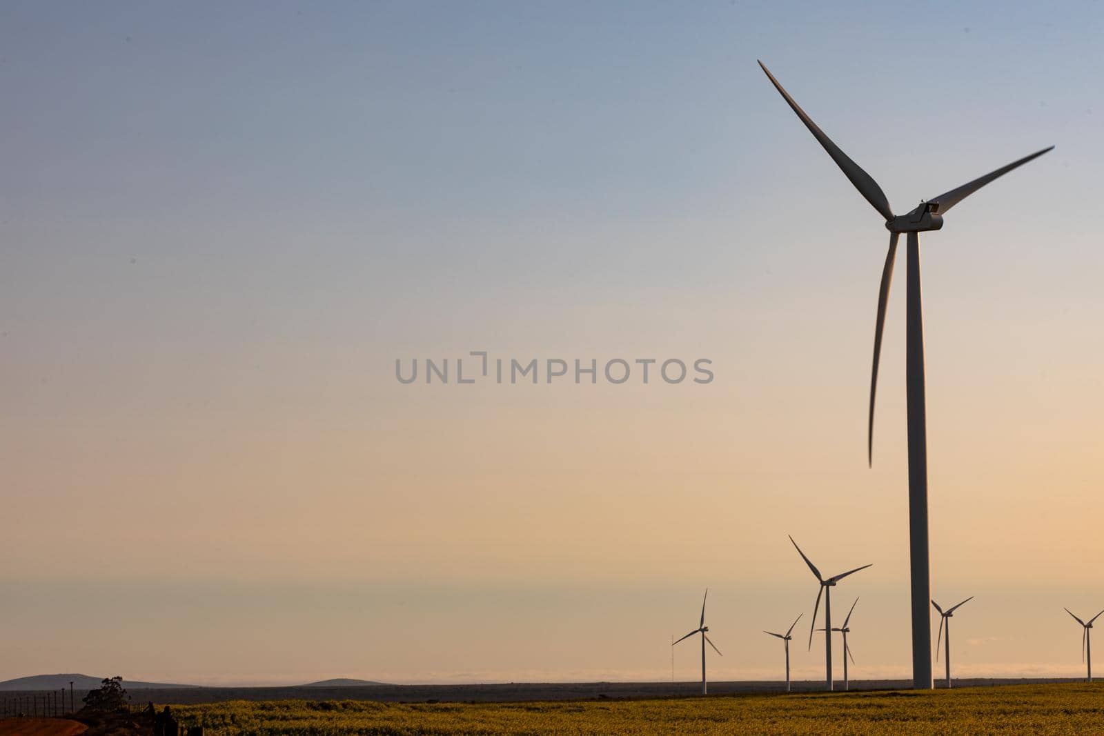 General view of wind turbines in countryside landscape with cloudless sky. environment, sustainability, ecology, renewable energy, global warming and climate change awareness.