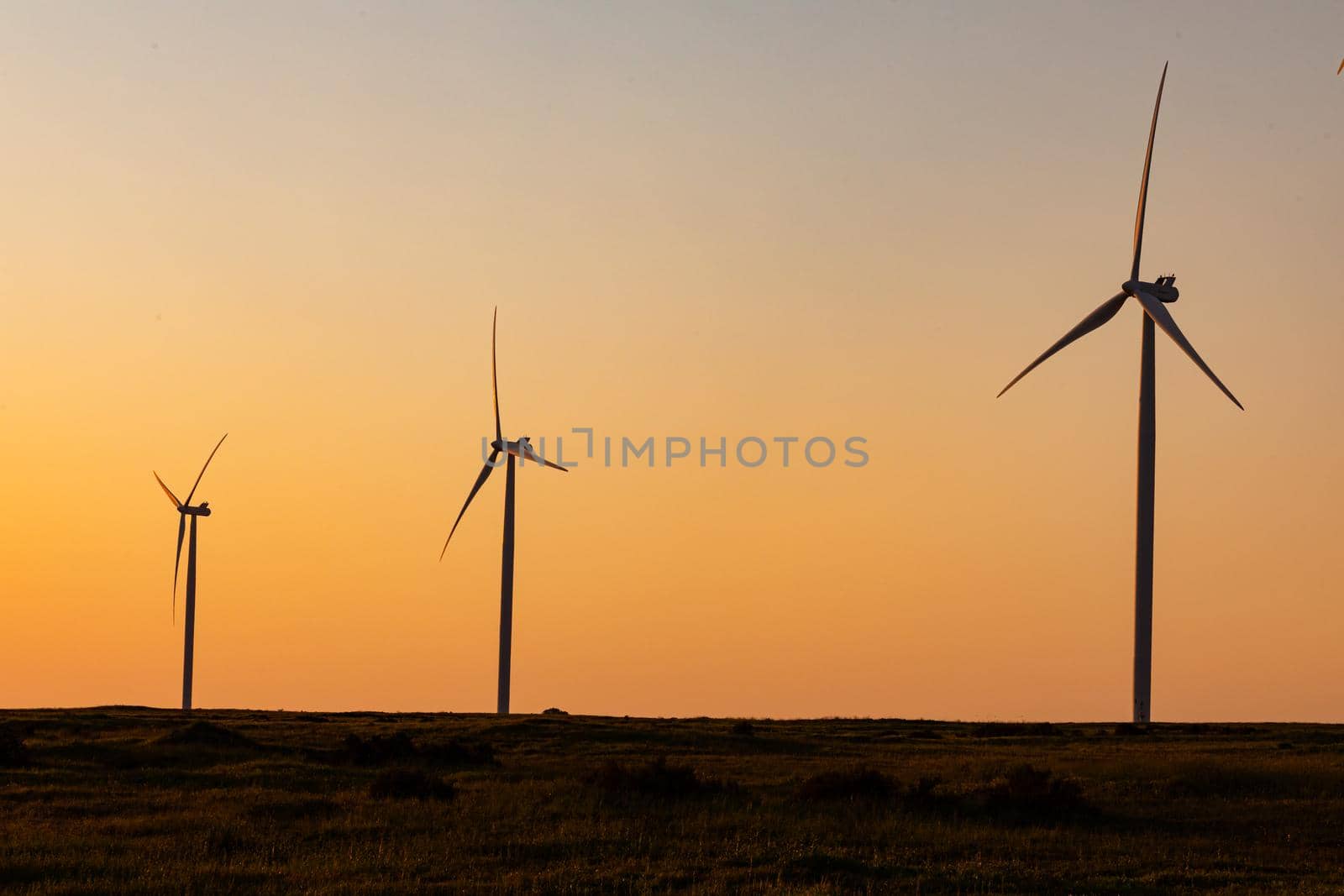 General view of wind turbines in countryside landscape during sunset. environment, sustainability, ecology, renewable energy, global warming and climate change awareness.