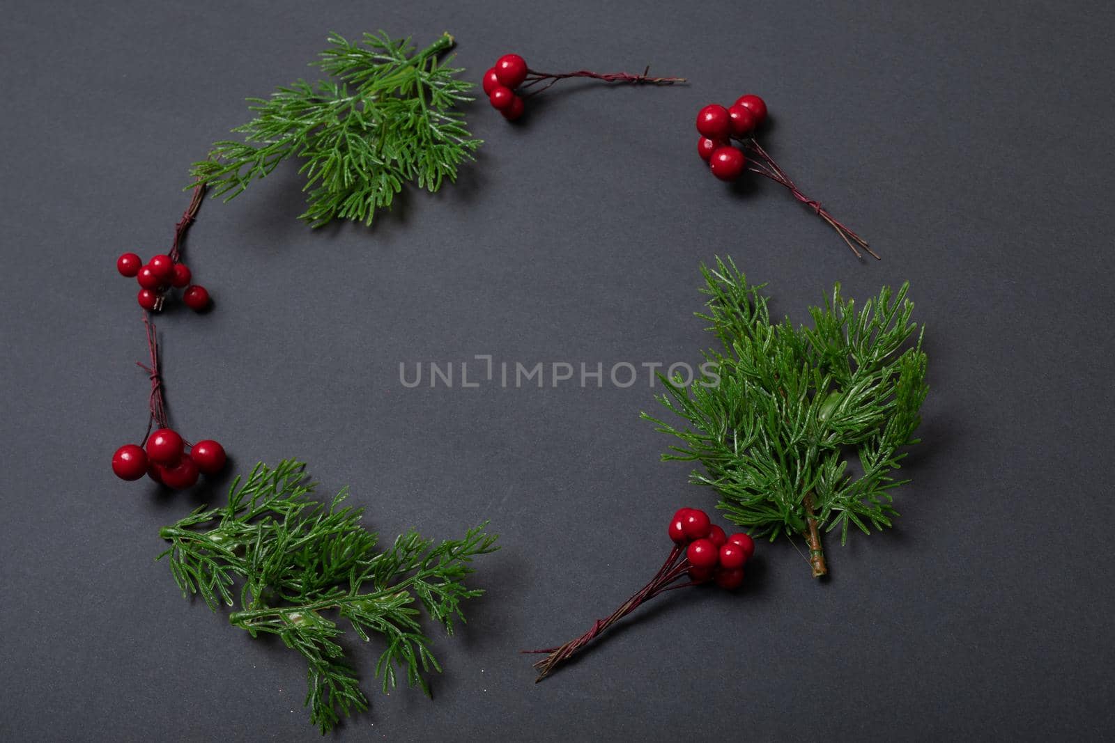 Composition of tree branches with berries and copy space on black background. christmas, tradition and celebration concept.