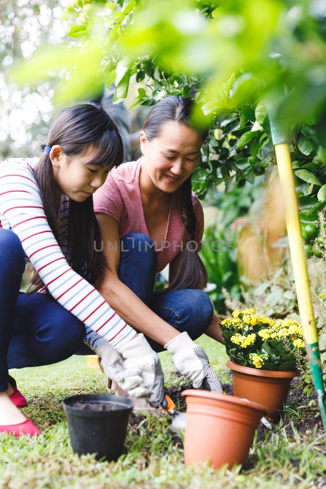 Happy asian mother and daughter smiling, wearing gloves and working in garden by Wavebreakmedia