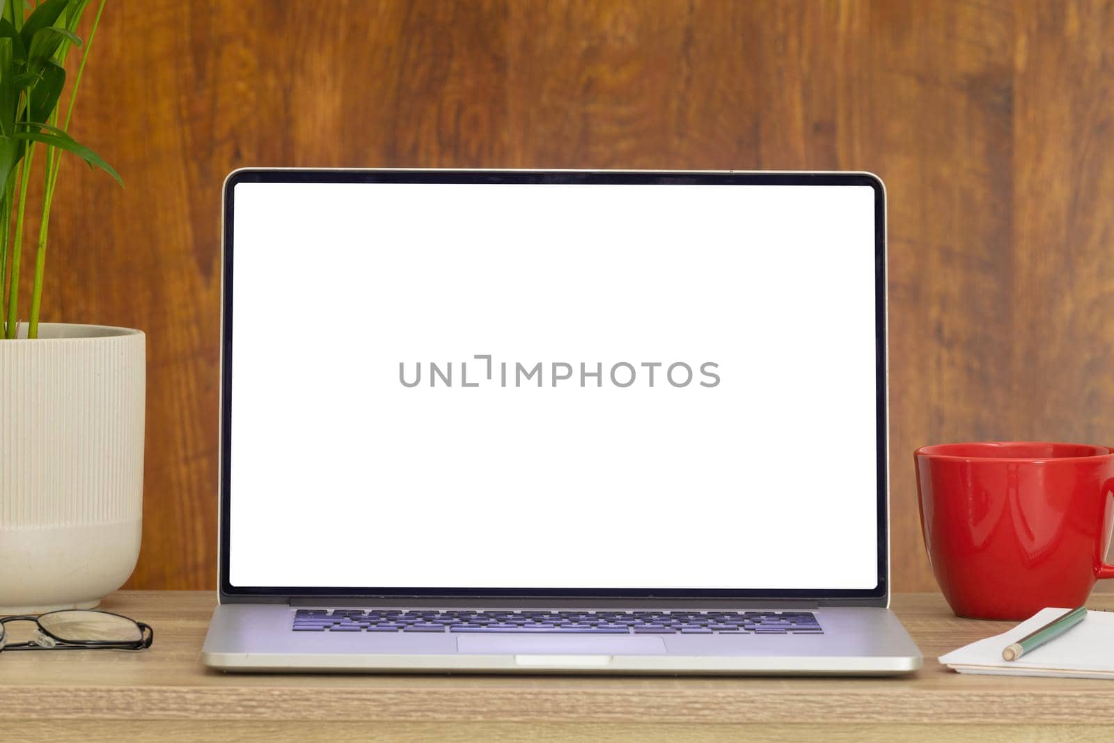 Composition of laptop with copy space on wooden background. modern office communication and technology concept.