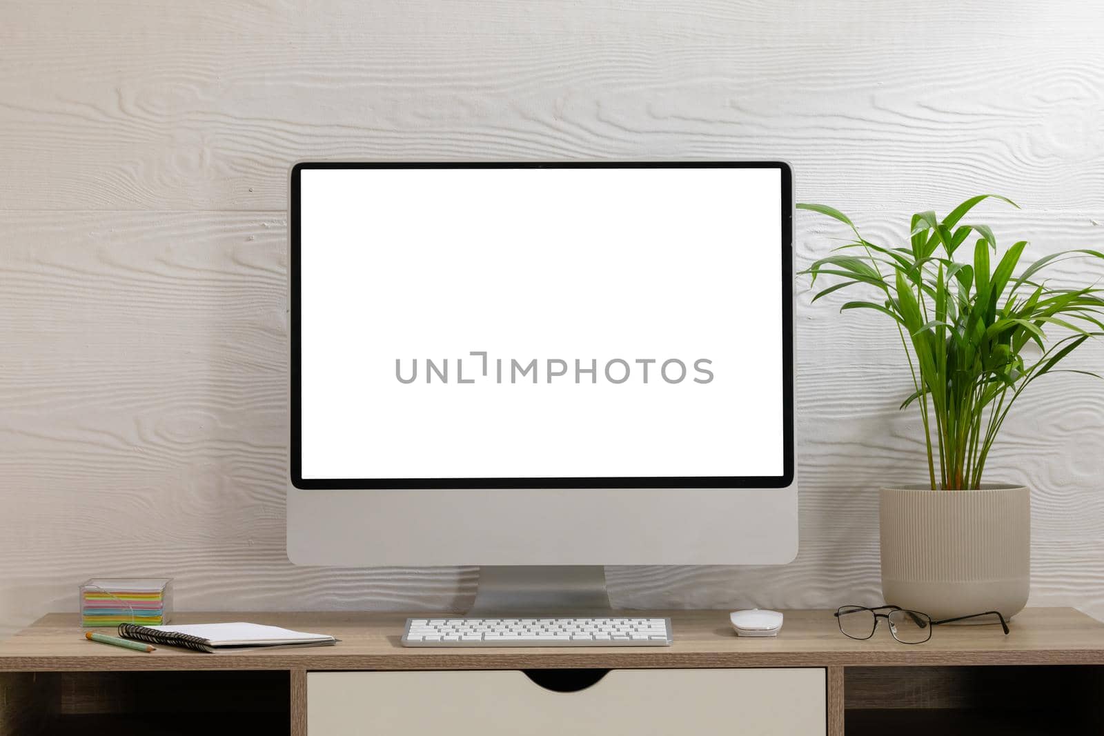 Composition of desktop computer with copy space on white background. modern office communication and technology concept.