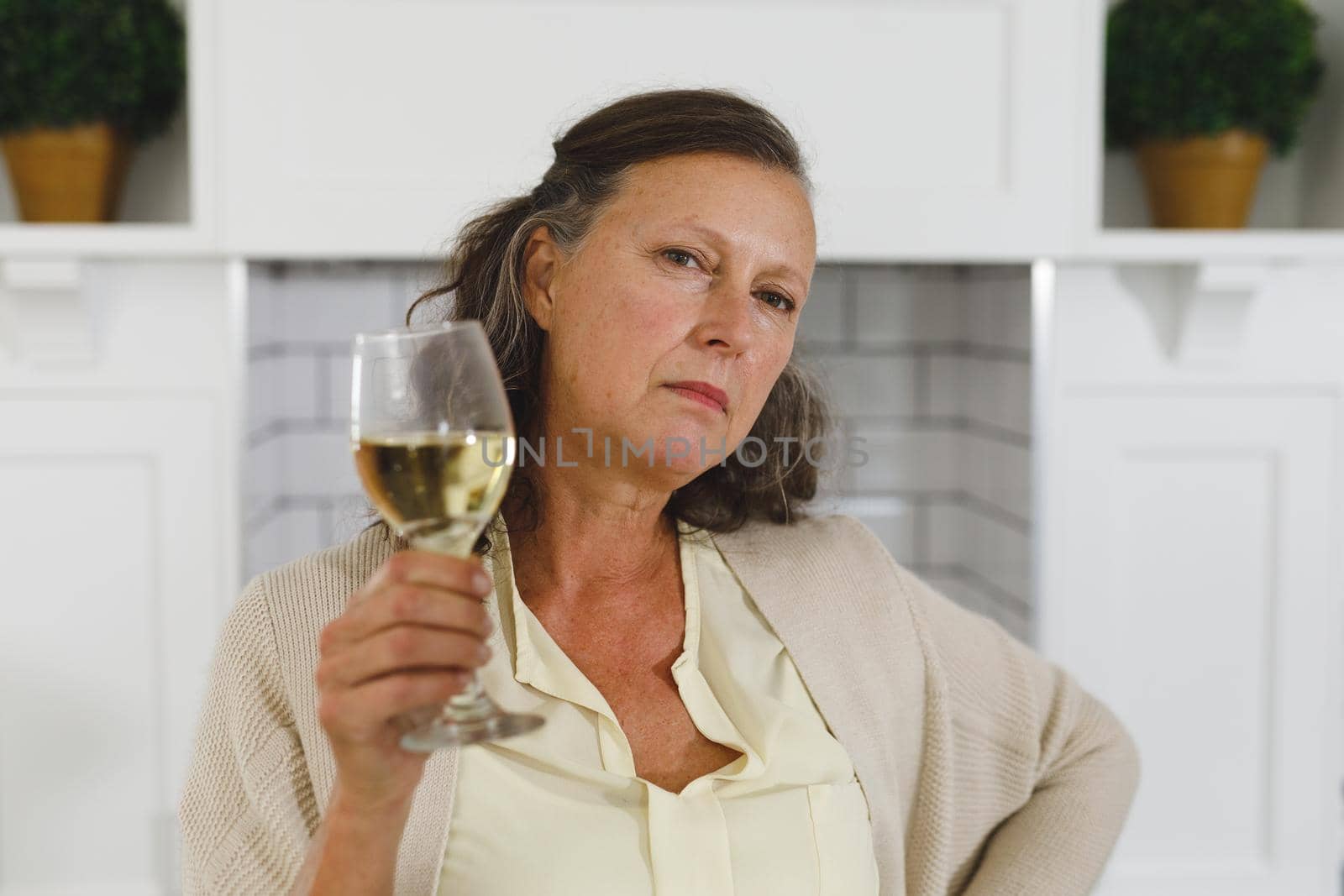 Portrait of senior caucasian woman in modern kitchen, holding glass of wine, looking to camera by Wavebreakmedia