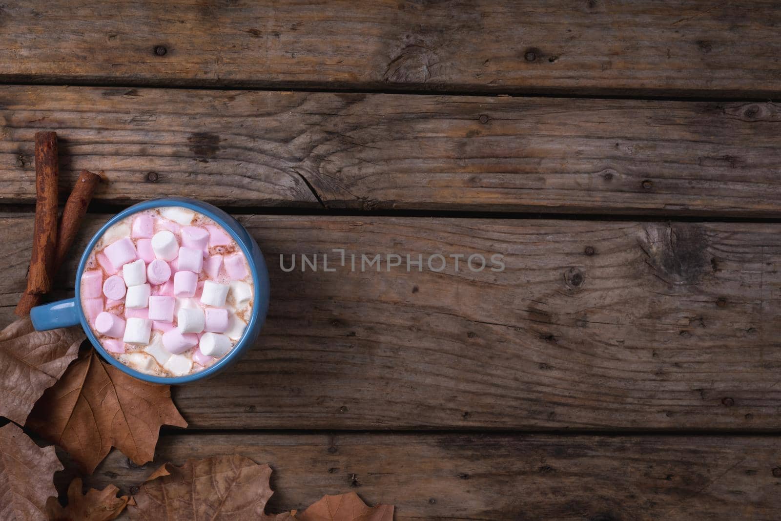 Cup of hot cocoa with marshmallows , autumn leaves and cinnamon sticks on wooden surface. autumn season concept