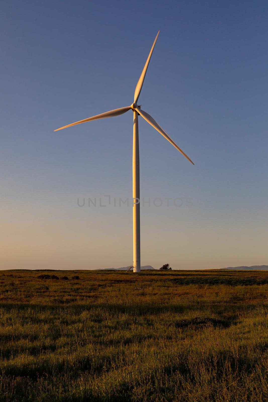 General view of wind turbine in countryside landscape with cloudless sky. environment, sustainability, ecology, renewable energy, global warming and climate change awareness.