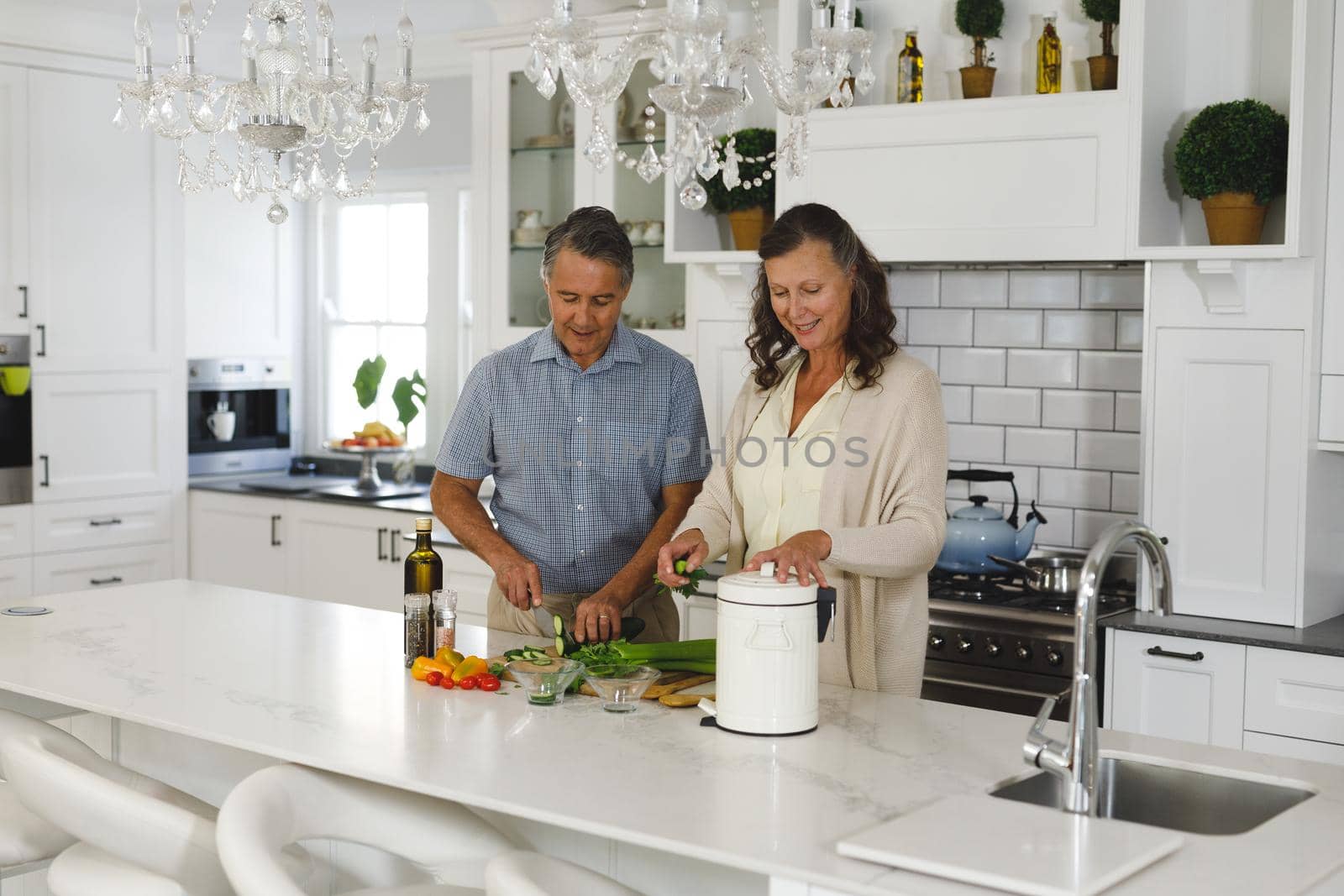 Happy senior caucasian couple in modern kitchen, cooking together composting organic waste. retirement lifestyle, spending time at home.