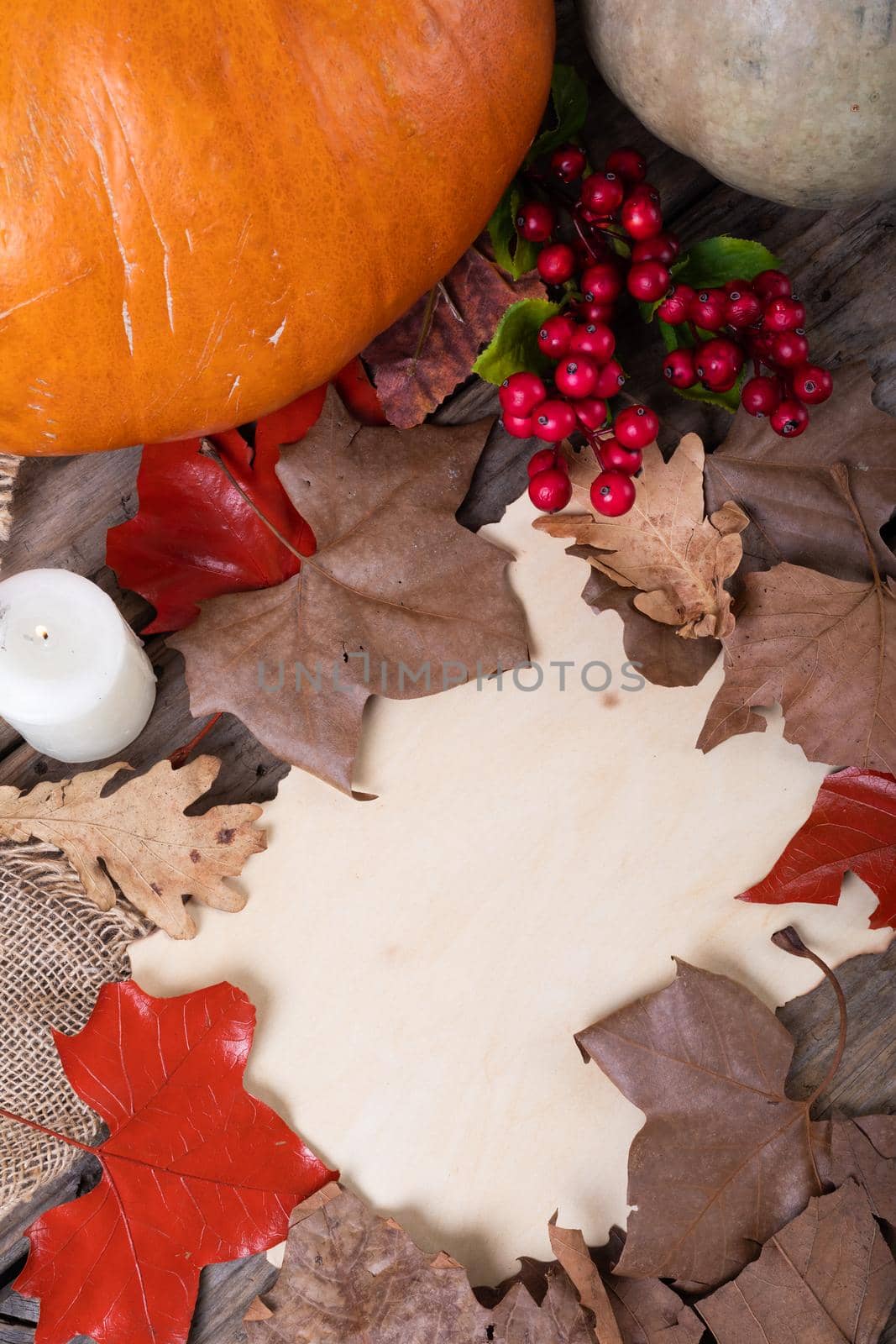 Paper with copy space, autumn leaves, pumpkin and berries on wooden surface against wooden surface by Wavebreakmedia