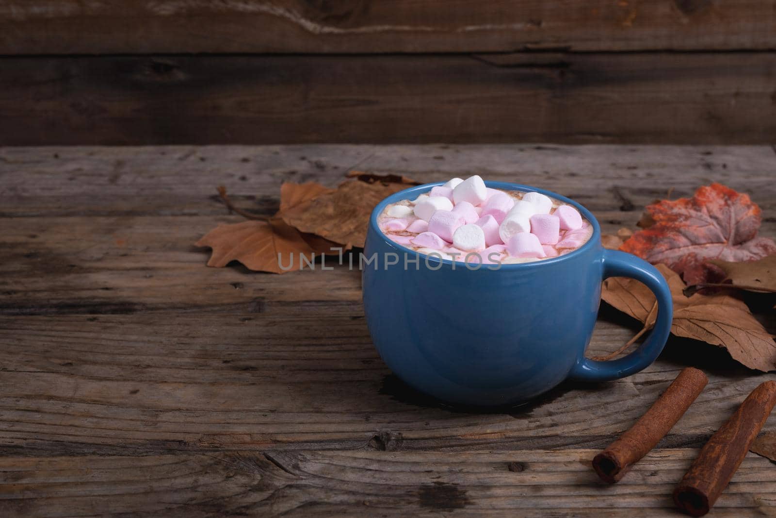 Marshmallow on hot chocolate in a mug, autumn leaves and cinnamon sticks on wooden surface. autumn season concept