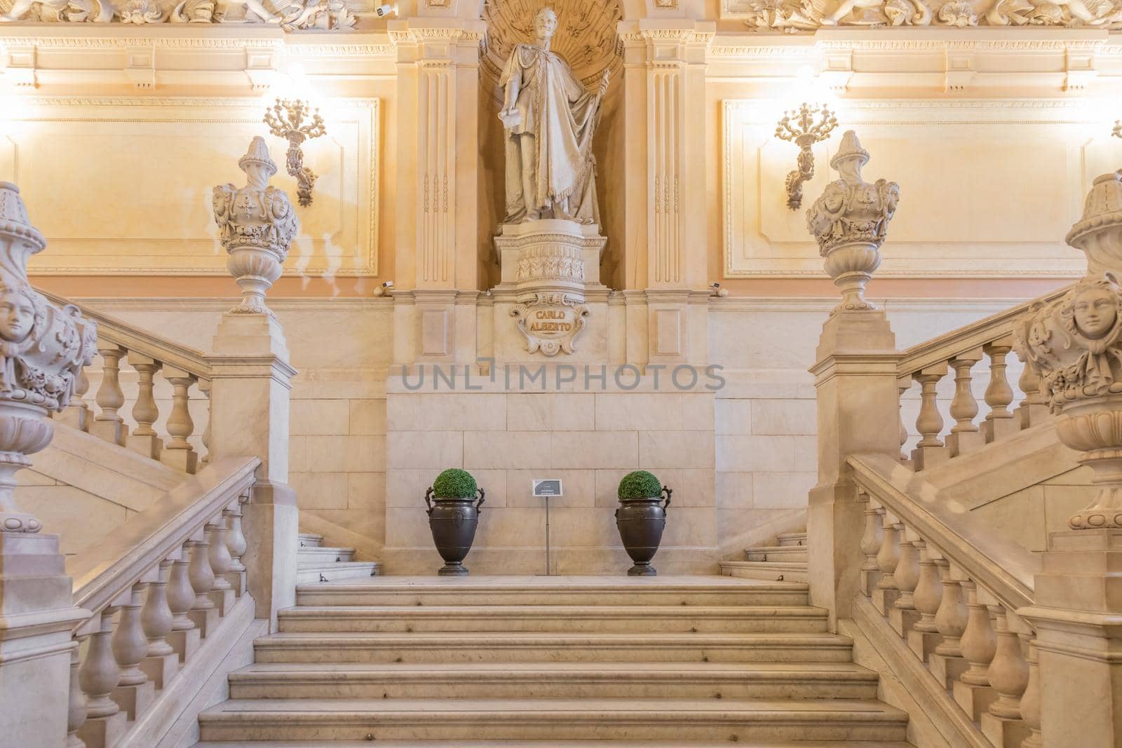 Turin, Italy - Circa January 2022: Royal Palace entrance - luxury elegant marble stairway