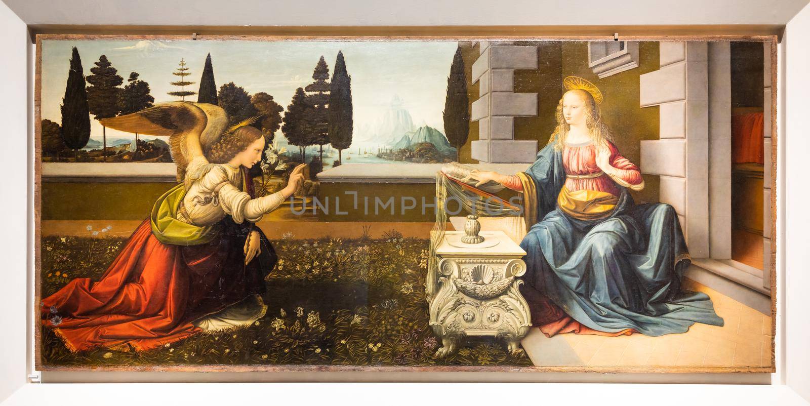 Florence, Italy - Circa June 2021: Leonardo Da Vinci, Annunciation, 1475 - oil on wood