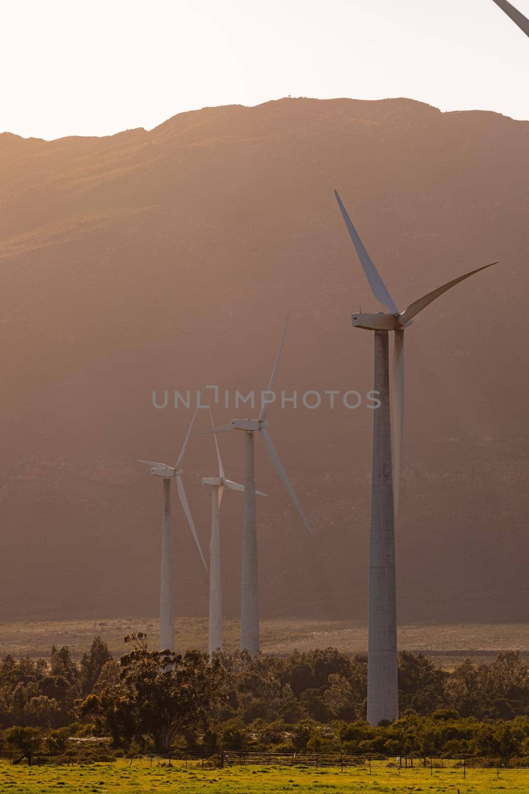 General view of wind turbines in countryside landscape with cloudless sky. environment, sustainability, ecology, renewable energy, global warming and climate change awareness.