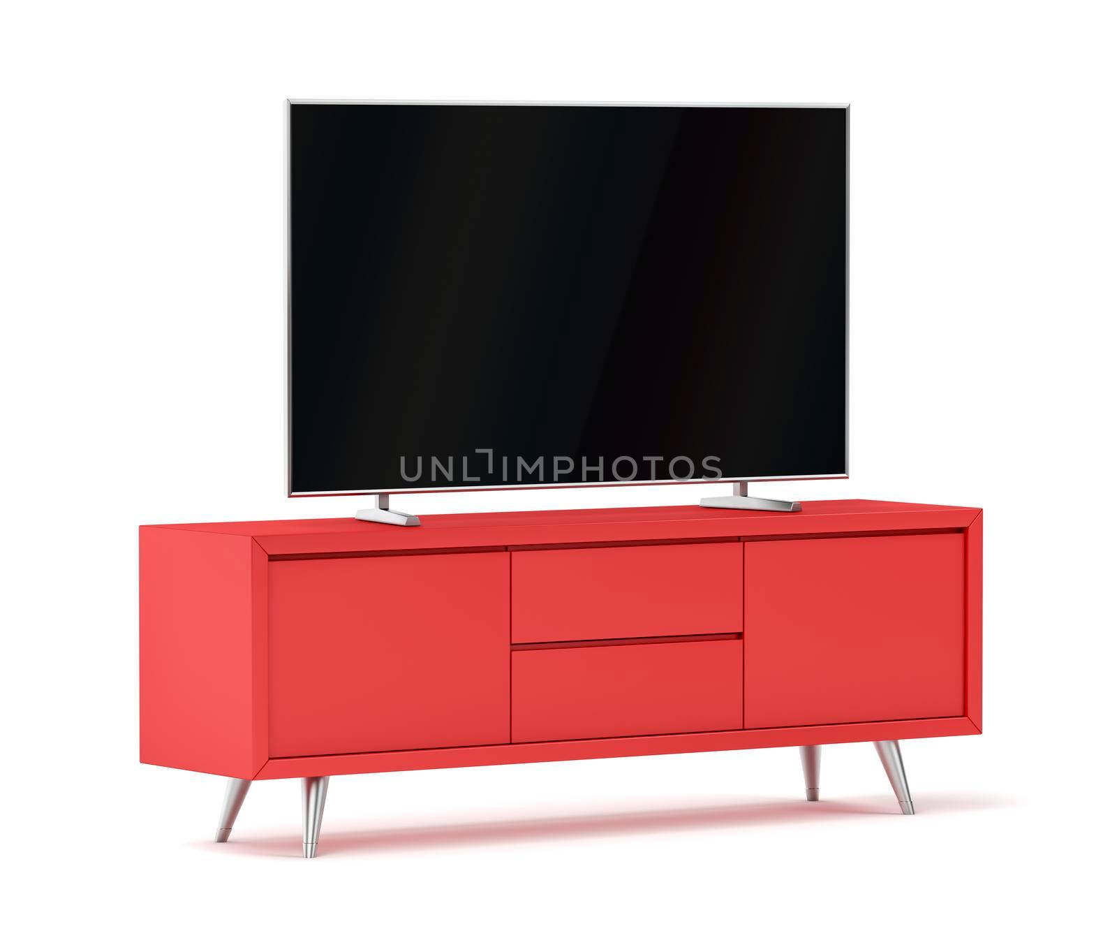 Red modern tv cabinet and big flat screen tv on white background